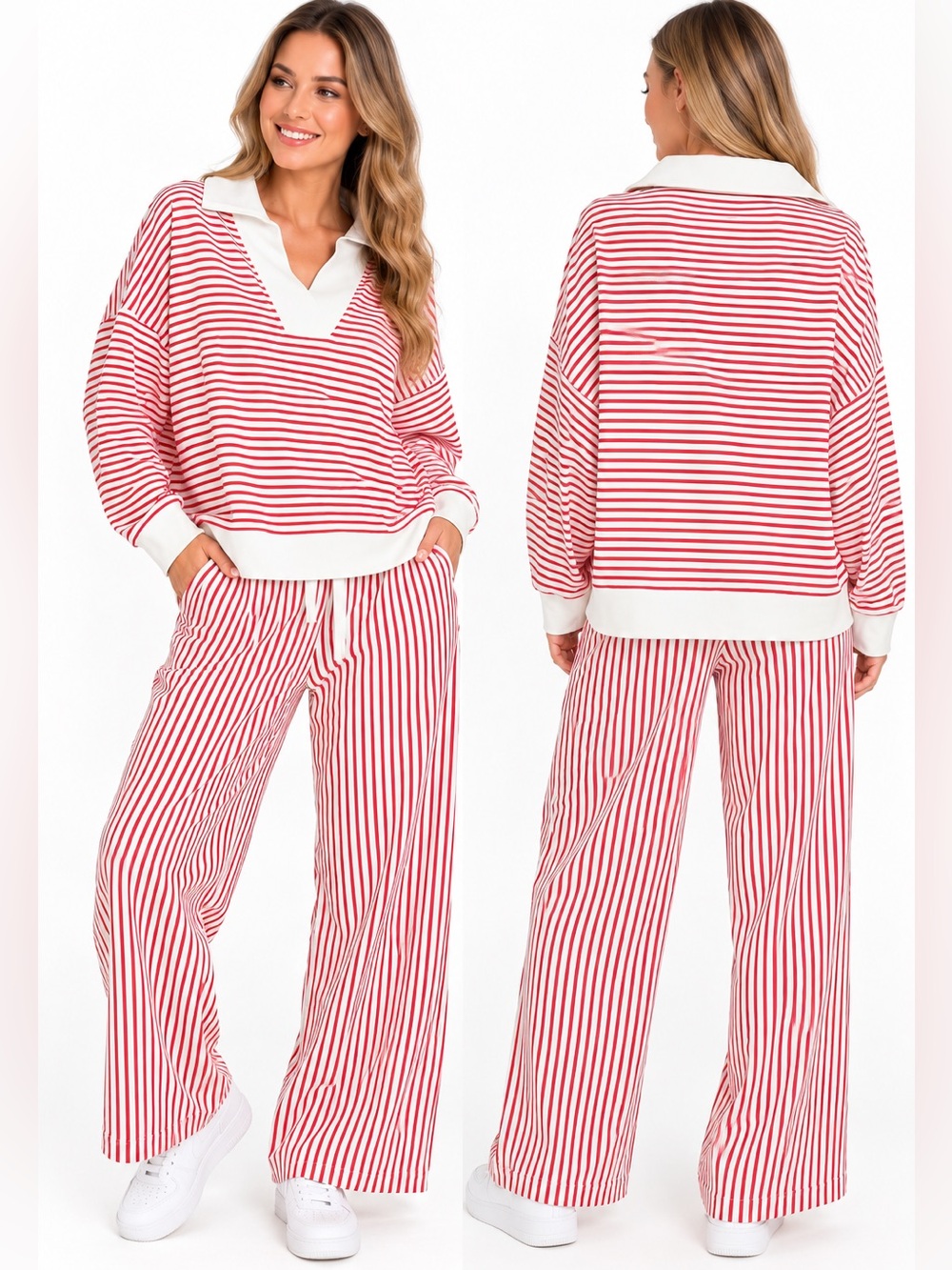 Zenana Women’s Small Red White Striped Matching Set Wide Leg Pants Pullover